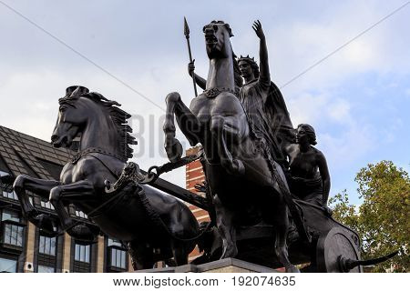 LONDON, GREAT BRITAIN - SEPTEMBER 7, 2014: This is monument to Queen Boudicca - the leader of the Celts the fallen in the defense of London in '61.