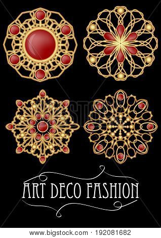 Set of gold filigree brooch with red gems garnets in art deco style. Round symmetric retro jewel from gold metal