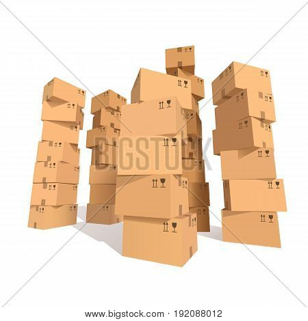 Cardboard boxes stacks. Stacked set of packages with symbols. Graphic design element for flyer, poster, mail service, worldwide service advertisement. Isolated on white background. Vector illustration