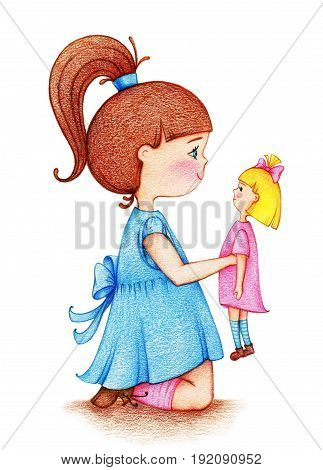 hands drawn picture of little girl in blue dress playing with doll by the color pencils on white background
