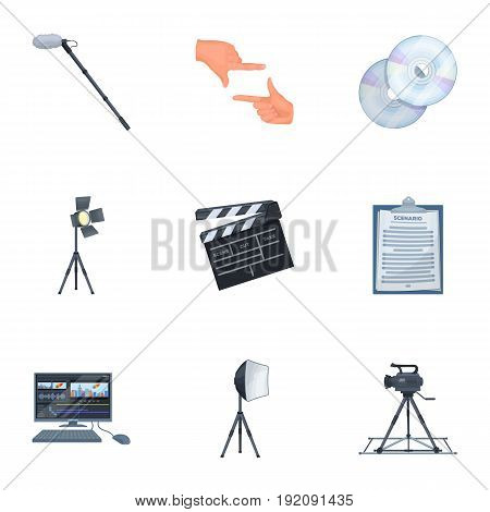 A movie camera, a floodlight, a chromakey and other equipment for the cinema.Making movie set collection icons in cartoon style vector symbol stock illustration .