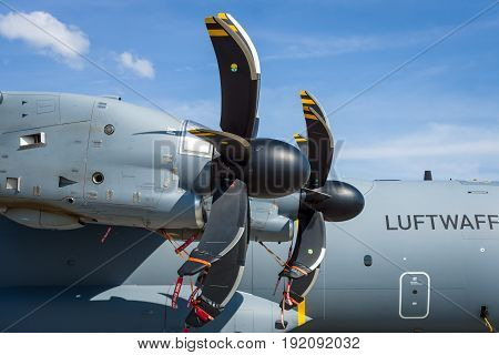 BERLIN GERMANY - JUNE 03 2016: Turboprop engine Europrop TP400-D6 of military transport aircraft Airbus A400M Atlas. Exhibition ILA Berlin Air Show 2016