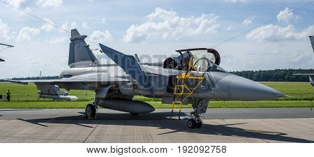BERLIN GERMANY - JUNE 03 2016: Fighter attack and reconnaissance aircraft Saab JAS-39 Gripen. Czech Air Force. Exhibition ILA Berlin Air Show 2016