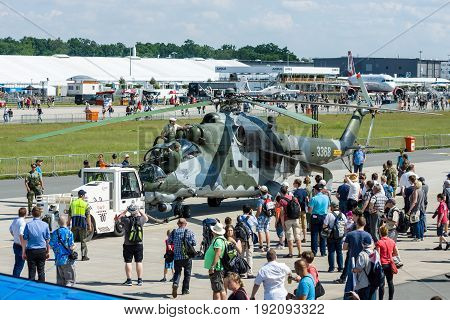 BERLIN GERMANY - JUNE 03 2016: Attack helicopter Mil Mi-24 Hind. Czech Air Force. Exhibition ILA Berlin Air Show 2016