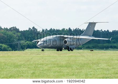 BERLIN GERMANY - JUNE 03 2016: Preparing for takeoff military transport aircraft Antonov An-178. Exhibition ILA Berlin Air Show 2016