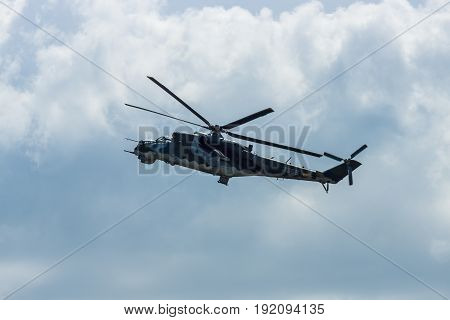 BERLIN GERMANY - JUNE 03 2016: Attack helicopter Mil Mi-24 Hind. Czech Air Force. Exhibition ILA Berlin Air Show 2016