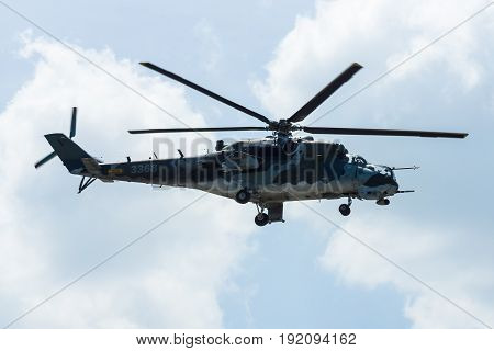 BERLIN GERMANY - JUNE 03 2016: Attack helicopter Mil Mi-24 Hind. Czech Air Force. Exhibition ILA Berlin Air Show 2016