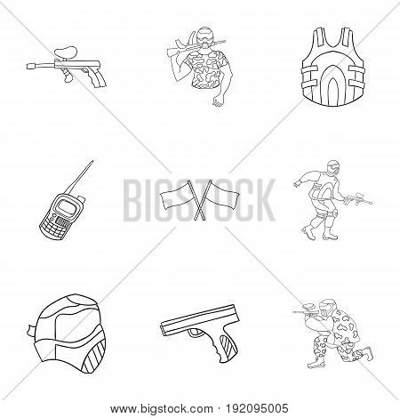 A collection of pictures about the game in paintball. The balloons with paint.Paintball icon in set collection on outline style vector symbol stock web illustration.