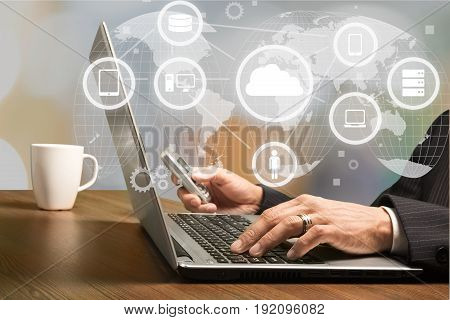 Male hands phone laptop it technology tablet pc computer technology
