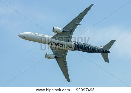 BERLIN GERMANY - JUNE 03 2016: Demonstration flight Airbus A350 XWB. Exhibition ILA Berlin Air Show 2016