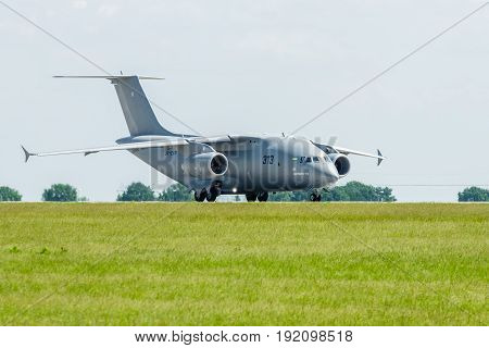 BERLIN GERMANY - JUNE 03 2016: Preparing for takeoff military transport aircraft Antonov An-178. Exhibition ILA Berlin Air Show 2016