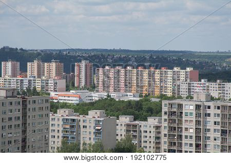 Old prefabricated housing estates with many flats in the outskirts of a town