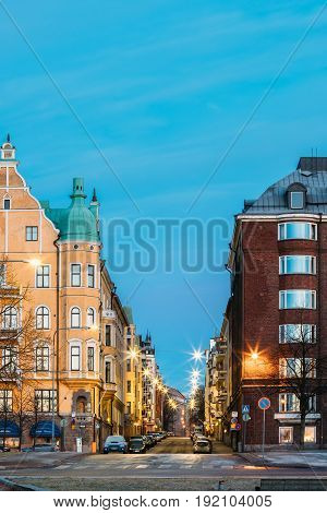Helsinki, Finland - December 11, 2016: Residential House Building At Intersection Of Merikatu, Neitsytpolku And Puistokatu Streets In Winter Morning Evening. Ullanlinna Neighbourhood, District