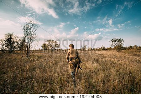 Dyatlovichi, Belarus - October 1, 2016: Reenactor Man Dressed As Russian Soviet Red Army Infantry Soldier Of World War II Walking In Autumn Meadow With Sub-machine Gun PPS-43 At Historical Reenactment