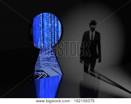 Keyhole in a wall with a thick metal door opening revealing blue binary data streams and a circuit board and a hacker silhouette approaching backdoor cybersecurity concept 3D illustration