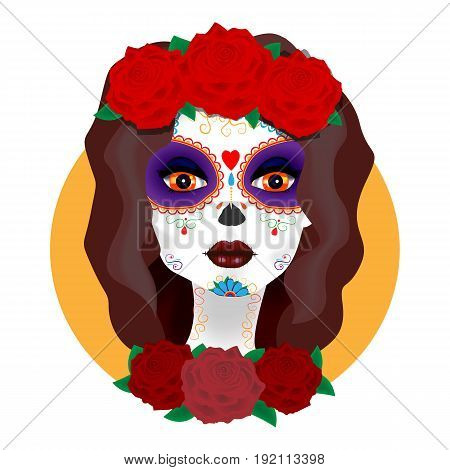 Bright vector illustration. The day of the Dead. Beautiful girl with roses
