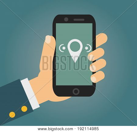 Vector illustration in flat style - male hand holding mobile phone with free wi fi sign on the screen