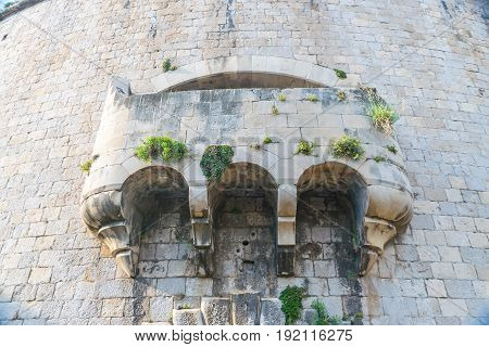 A Large Stone Balcony On The Wall Of The Military Fortress Of Mamula. Montenegro, Boka-kotor Bay.