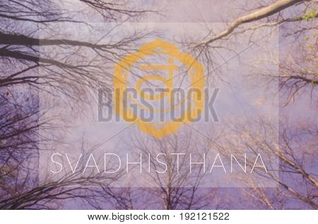 Svadhisthana chakra symbol. Poster for yoga class with sky view.
