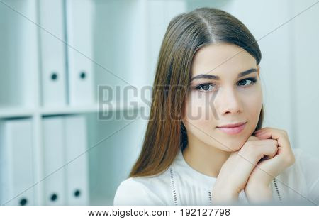 Close up portrait of young business woman look in monitor display. Effective management startup ambition irc concept