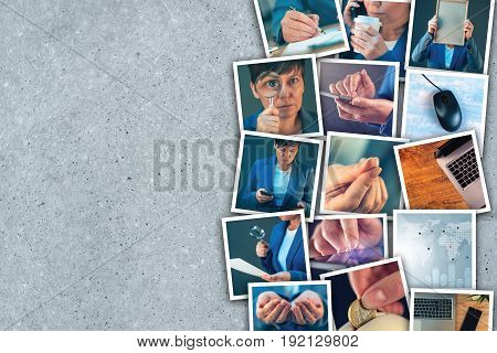 Business and entrepreneurship photo collage over gray concrete background