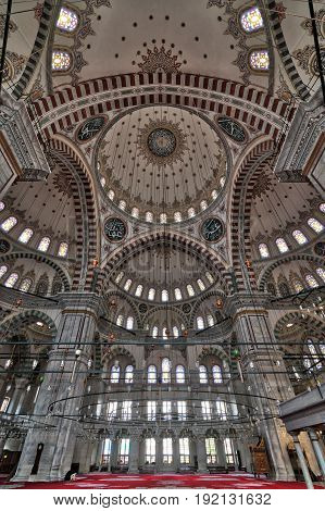 Istanbul, Turkey - April 21, 2017: Interior of Fatih Mosque a public Ottoman mosque in the Fatih district of Istanbul
