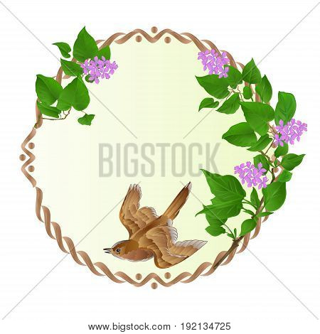 Floral round frame with Purple Lilac and cute small singing bird vintage festive background vector illustration editable hand draw
