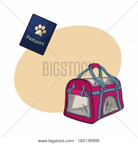 Travel with cats, dogs - transportation bag, carrier and pet passport, sketch vector illustration with space for text. Hand drawn pet carrier, transport bag and passport, id for cats and dogs