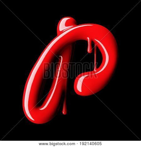 Glossy red letter P uppercase. 3D rendering font with glint on black background.