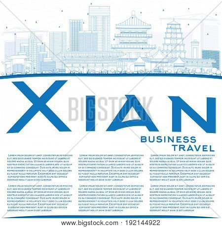 Outline Xian Skyline with Blue Buildings and Copy Space. Business Travel and Tourism Concept with Historic Architecture. Image for Presentation Banner Placard and Web Site.