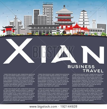 Xian Skyline with Gray Buildings, Blue Sky and Copy Space. Business Travel and Tourism Concept with Historic Architecture. Image for Presentation Banner Placard and Web Site.