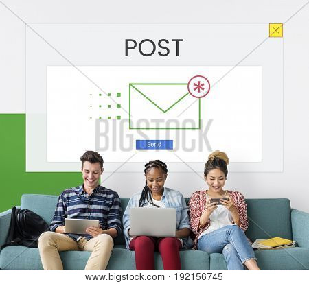 Group of people using digial devices with email icon