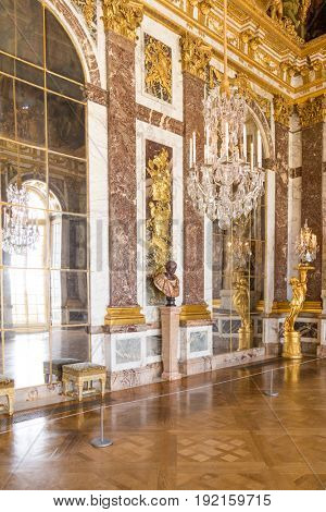 Paris, France, March 28 2017: Mirror's hall of Versailles Chateau France