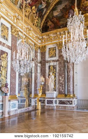 Paris, France, March 28 2017: Mirror's hall of Versailles Chateau France
