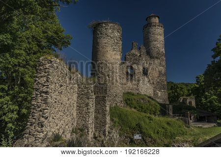 Sukoslav castle with dark blue sky and big old tower