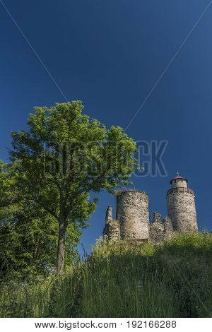 Sukoslav castle with dark blue sky and big old tower