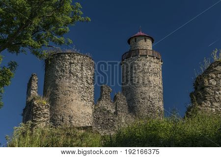 Sukoslav castle with dark blue sky and big old tower