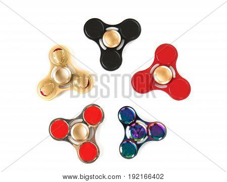 Group of fidget spinners stress relieving toy isolated on white background. Different colors