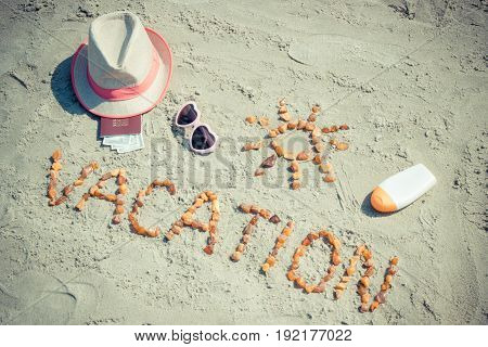Word Vacation, Accessories For Sunbathing And Passport With Currencies Dollar At Beach, Travel In Su