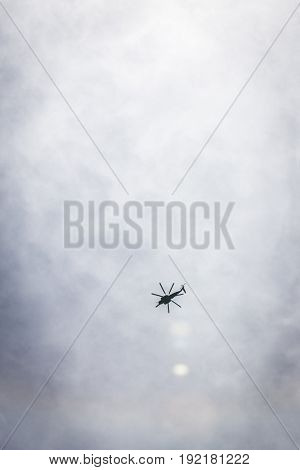 US Navy MH-53E Sea Dragon helicopter flies above Liberty State Park after parachute jump by the U.S. Navy SEALS Parachute Team Leap Frogs during Fleet Week 2017, JERSEY CITY NJ MAY 28 2017
