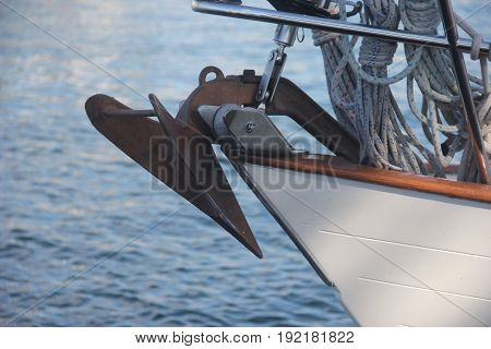Danforth anchor on the prow of an sail boat on the great lakes