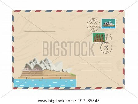 Australian vintage postal envelope with modern architectural composition, postage stamps and postmarks on white background vector illustration. Airmail postal services. Envelope delivery.