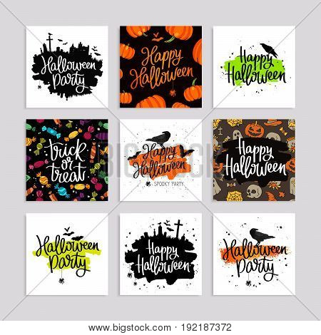 Set of greeting cards for Happy Halloween. Vector illustration. Lettering and calligraphy.
