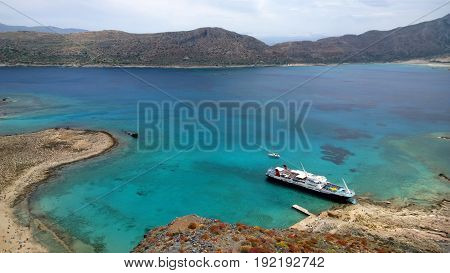 View from Gramvousa island on a Cruise ship, waiting for tourists, and a beautiful view of the water
