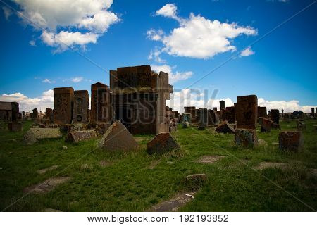 Stone slabs aha khachkar in Noratus cemetery Armenia