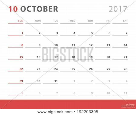 calendar planner for october 2017 starts sunday, vector calendar design 2017 year