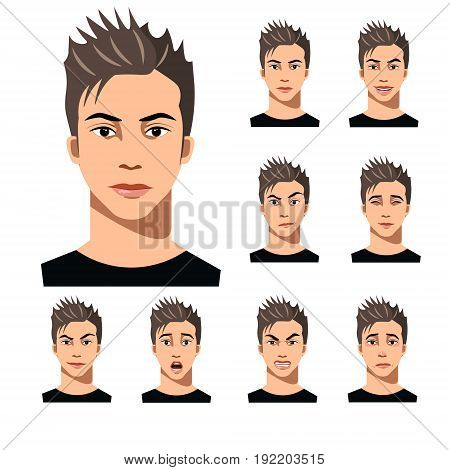 Attractive haired young man on different face expressions collection. Vector illustration