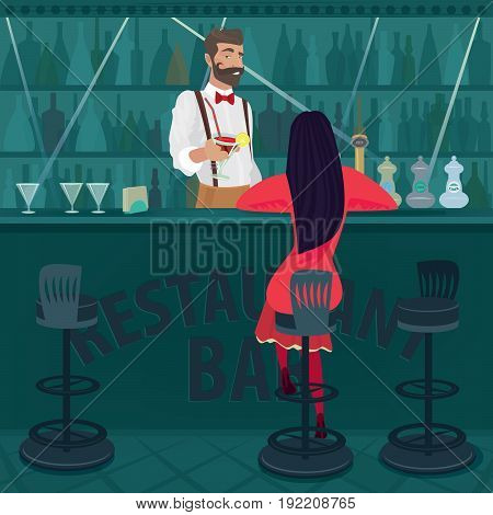 Lonely Girl In Red Sits In An Empty Bar