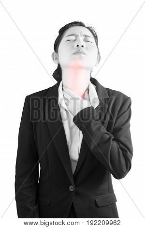 Acute Pain And Sore Throat Symptom In A Woman Isolated On White Background. Clipping Path On White B