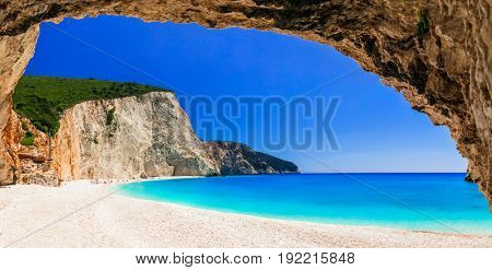 Most beautiful beaches of Greece series - Porto Katsiki in Lefkad island, view from cave